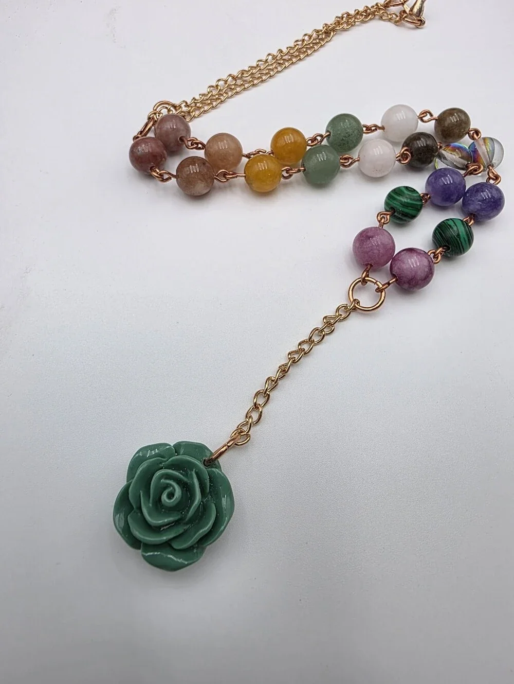 Rainbow Gemstone Beaded Rose Pendant Necklace Handmade Colorful Crystal Jewelry